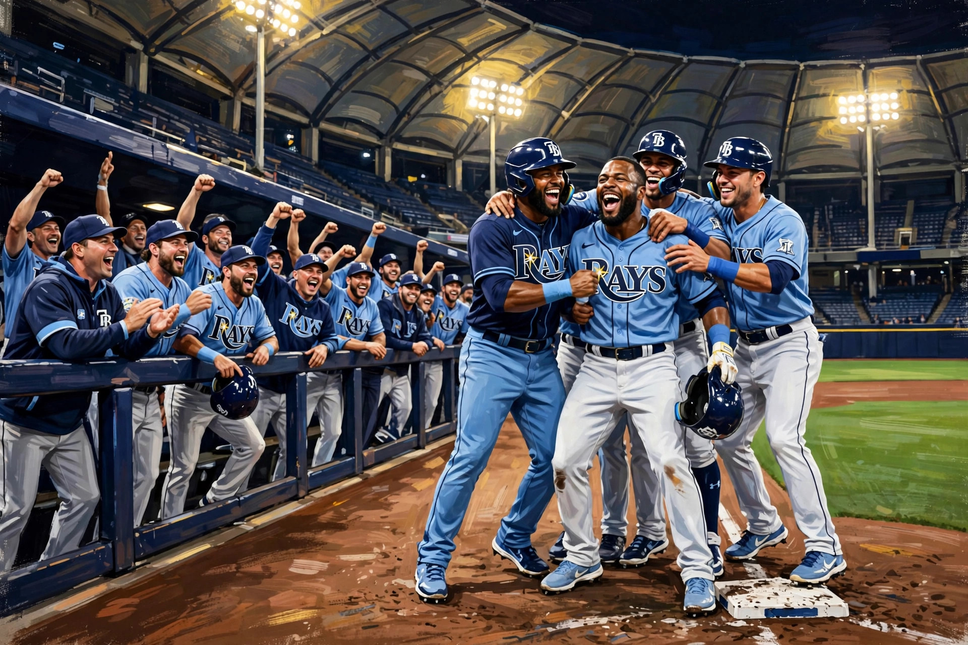 Tampa Bay Rays players celebrate a walk-off win at home
