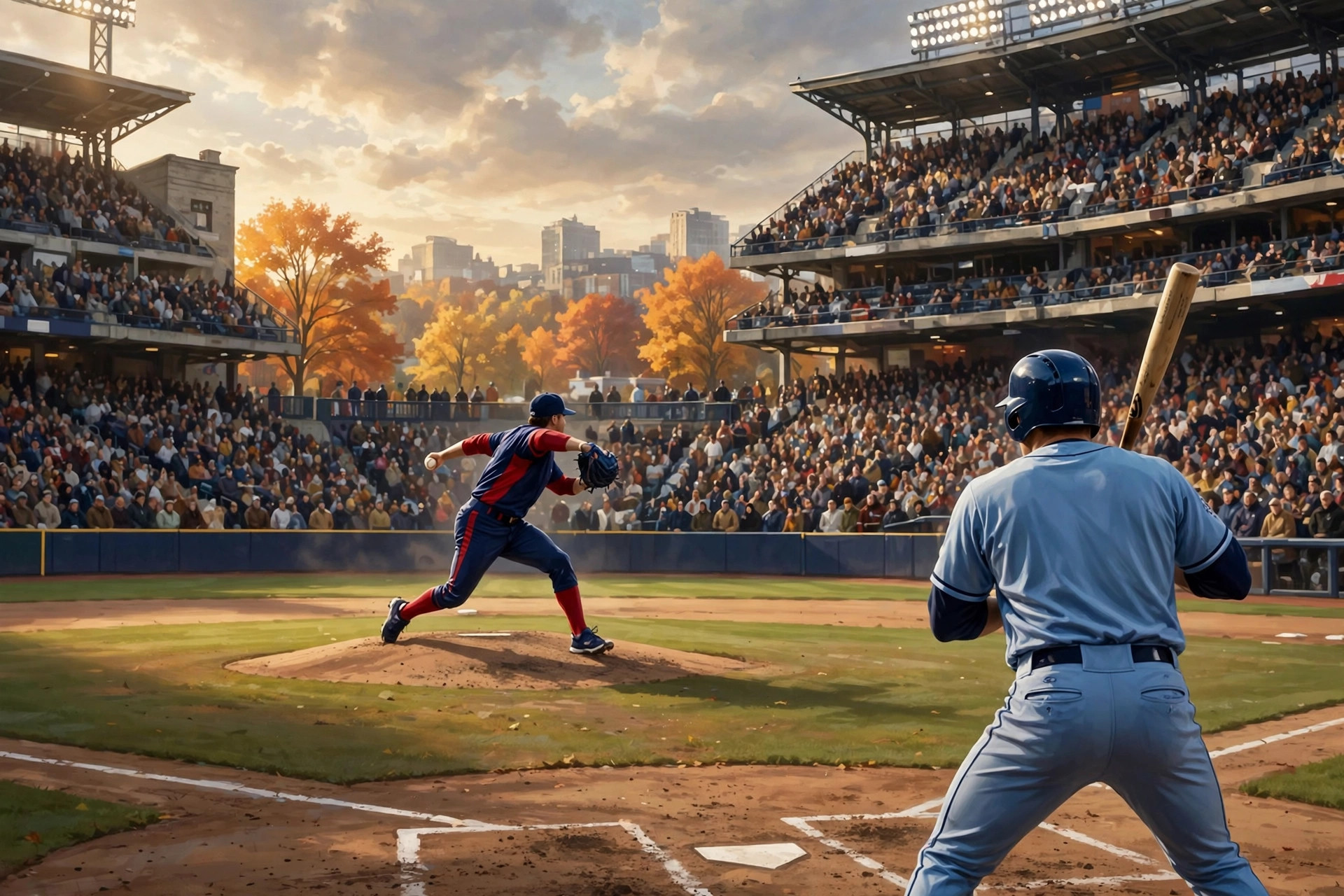 Illustration of an afternoon ALCS game in Cleveland between the Guardians and Rays