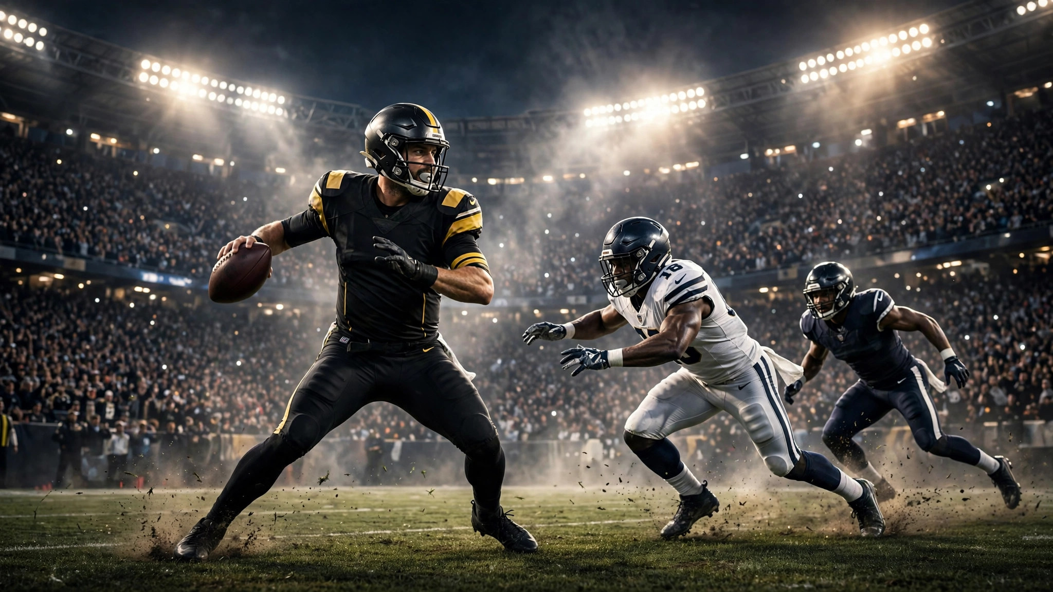 Illustration of a quarterback dropping back under stadium lights