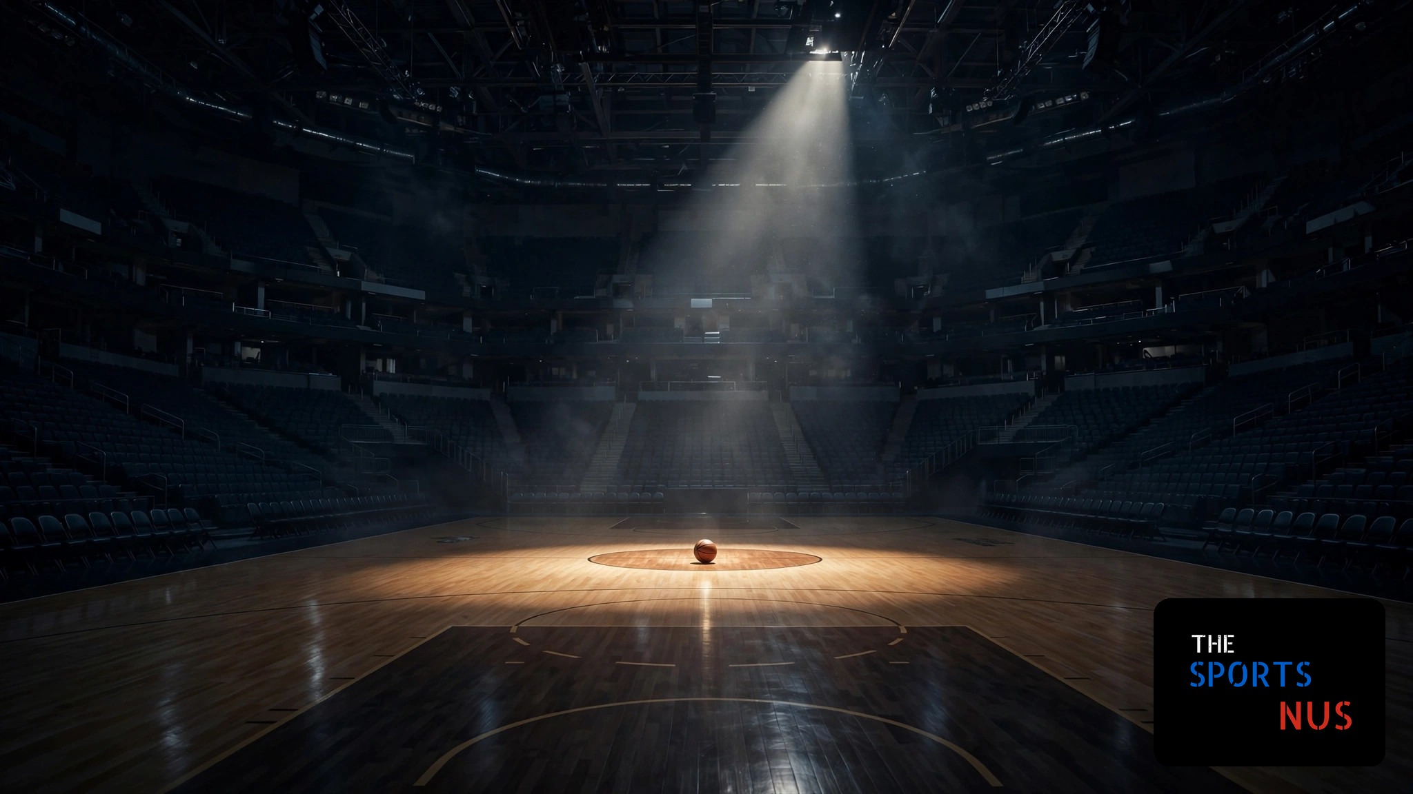 Illustration of an empty basketball arena at night with a single basketball glowing at center court
