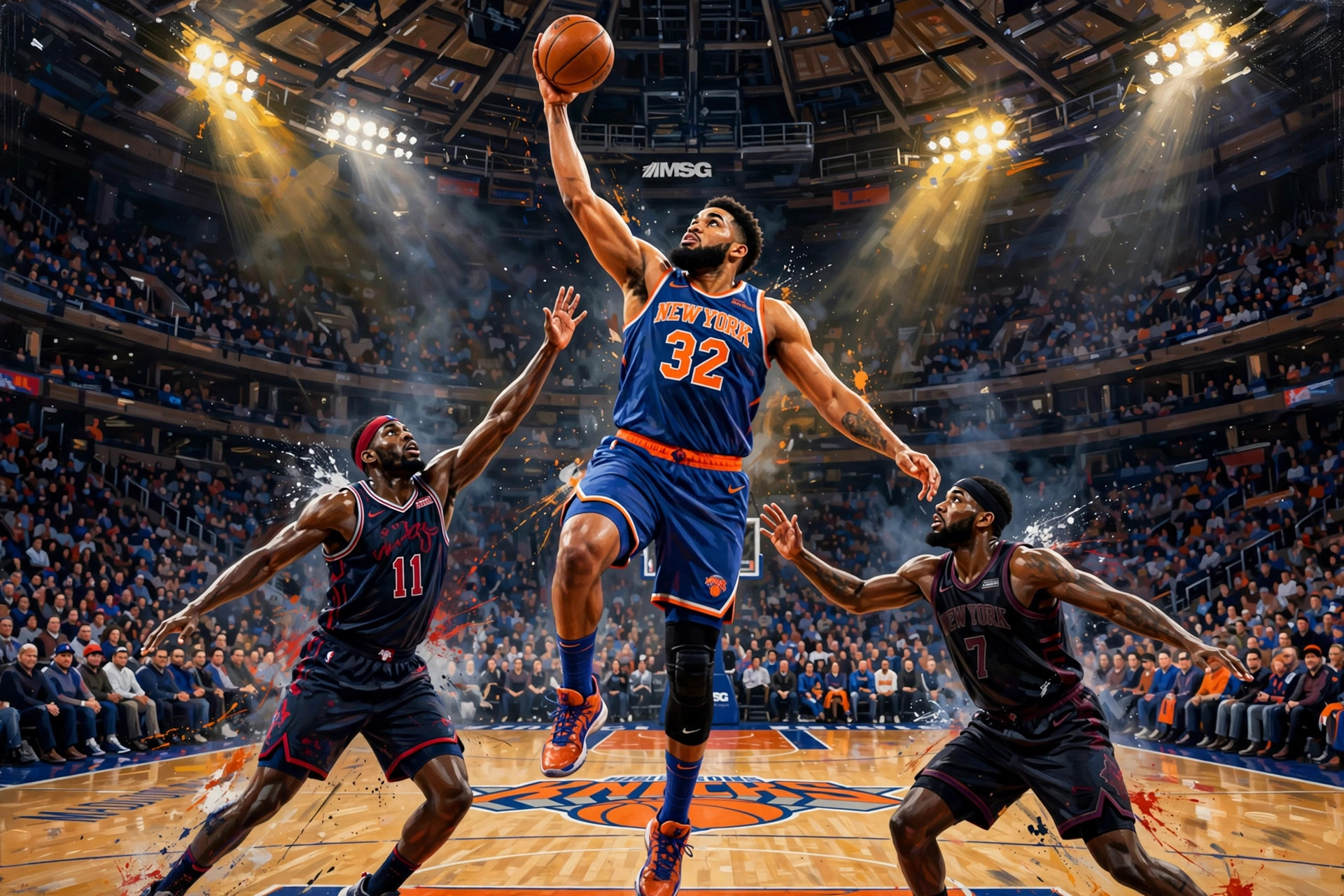 Karl-Anthony Towns in a New York Knicks jersey attacks the paint at Madison Square Garden