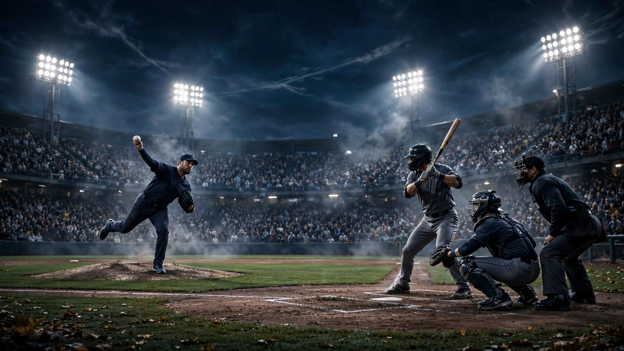 Illustration of a pitcher delivering in a packed night playoff stadium