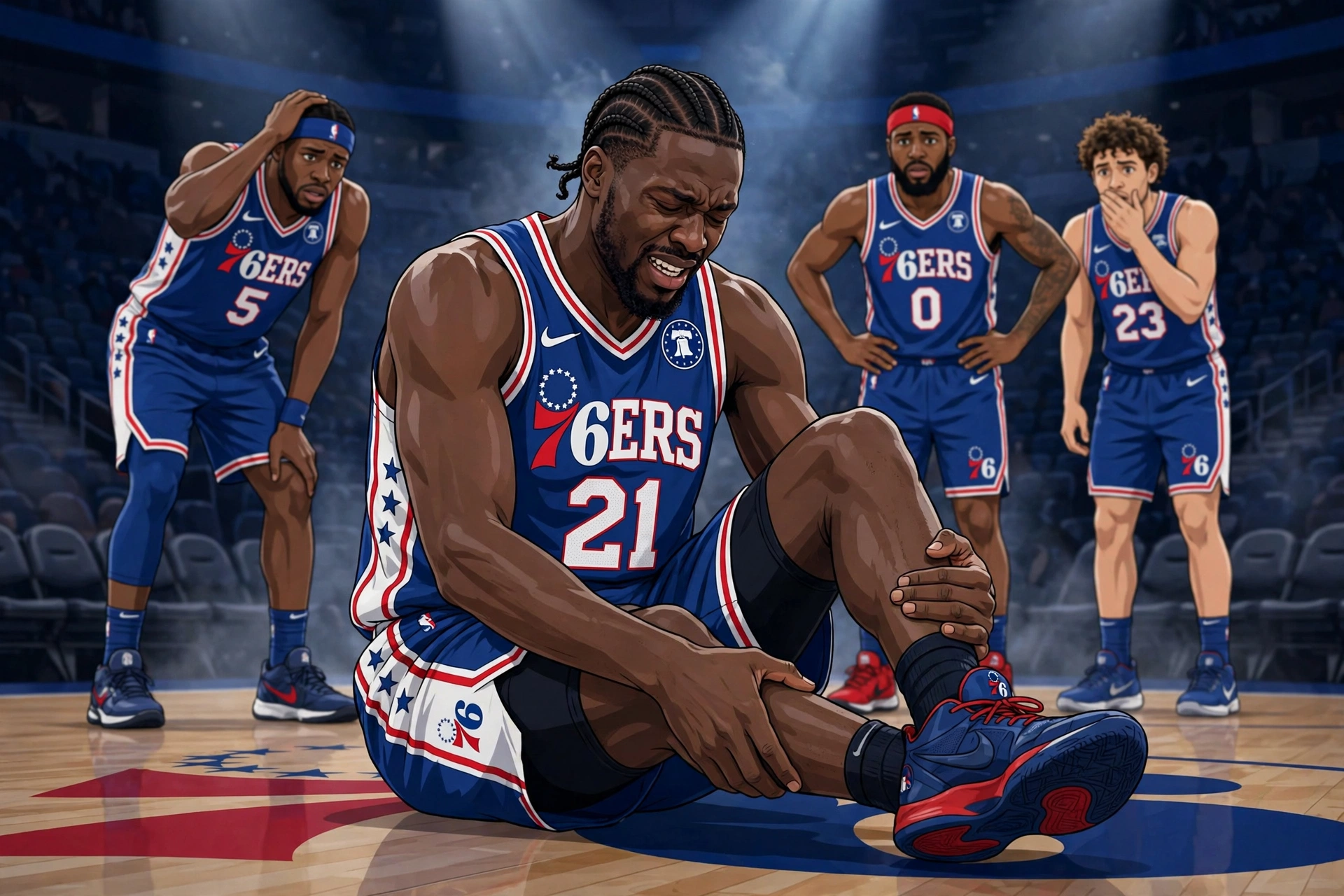 Illustration of 76ers center Ariel Hukporti on the court clutching his right leg after rupturing his Achilles, with concerned teammates behind him.